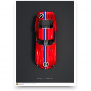 framePhoto001TOP - Collector's edition posters of most beautiful historic race cars in the world - A highlight of the 30th 24 Hours of Le Mans that took place from June 23rd to 24th, 1962 was the debut of the newly-developed Ferrari 250 GTO, which went into the race with high expectations and optimism. For the GT class, Ferrari had a new trump card -- the Belgian/French driver-duo Pierre Noblet/Jean Guichet in 250 GTO Chassis #3705 with the license plate MO-77914. After a magnificently race, Pierre Noble and Jean Guichet achieved the victory in the GT class in its GTO with starting # 19 on a blue, white and red tricolor-striped body. In addition to their first-place finish in the GT class, the remarkable performance led them to a 2nd position in overall standing.
