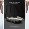 Mockup3 Poster002 1 - Collector's edition posters of most beautiful historic race cars in the world - Jaguar D-Type 'Short Nose' 1958, driven by Jim Clark, The Border Reivers The Border Reivers was a motor racing team set up by Scotsman Jock McBain and his farmer friends in Chirnside, Berwickshire, in the early 1950's. The Reivers existed at least a year before the more famous Ecurie Ecosse, also from Scotland! Ian Scott Watson, a Border racing driver, introduced his farmer friend Jim Clark to the team, and it became immediately clear that Clark had superior talents. A test day was held at Charterhall, where now team members Scott Watson, Jimmy Somervail, and young Jim Clark could try out the car. Clark was very quick, and a decision was made for him and Somervail to race the car in 1958.