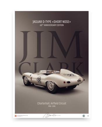 Poster of the Jaguar D-Type ‘Short Nose’ driven by Jim Clark in 1958, featuring the number 38 on a sleek white race car.