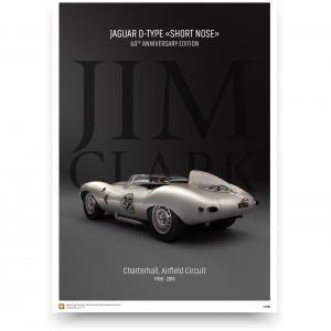 framePhoto002 1 - Collector's edition posters of most beautiful historic race cars in the world - Jaguar D-Type 'Short Nose' 1958, driven by Jim Clark, The Border Reivers The Border Reivers was a motor racing team set up by Scotsman Jock McBain and his farmer friends in Chirnside, Berwickshire, in the early 1950's. The Reivers existed at least a year before the more famous Ecurie Ecosse, also from Scotland! Ian Scott Watson, a Border racing driver, introduced his farmer friend Jim Clark to the team, and it became immediately clear that Clark had superior talents. A test day was held at Charterhall, where now team members Scott Watson, Jimmy Somervail, and young Jim Clark could try out the car. Clark was very quick, and a decision was made for him and Somervail to race the car in 1958.