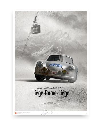 Poster of the Porsche 356SL driven by Helmut Polensky and Walter Schlüter during the 1952 Liège-Rome-Liège Road Marathon, showcasing a snowy mountain landscape and a vintage cable car.