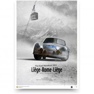 framePhoto005 1 - Collector's edition posters of most beautiful historic race cars in the world - The “SL” in the Porsche 356 SL stands for “super light”, and is a reference to the Iightweight aluminium body of the racing car. At Le Mans 1951, a type 356 SL secures the first ever-class victory for Porsche, and the model also finds sucess at long distance rallies such as the Liège Rome. The 356 SL continues to represent the plant as a racing car for many years. In addition to the plant drivers such as Herbert Linge, the car is also driven by Gilberte Thirion, known as the fastest woman in Europe in the 1950s. History : See wikipedia article All orders of minimum 100 € are FREE DELIVERED ALL AROUND THE WORLD