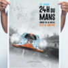 Mockup3 Poster008 - Collector's edition posters of most beautiful historic race cars in the world - Porsche 917 chassis number 004 began its sports career on June 1, 1969 at the 1000 km of the Nürburgring with an honest 8th place on this unfavorable track driven by David Piper and Frank Gardner. For the 1970 season, it was converted to "K" specifications and was acquired by the Gulf team. It was very severely damaged for its first outing under the Brands Hatch deluge and was rebuilt with the reserve chassis 017. For the 24 hours of Le Mans, Jo Siffert signs the 3rd time during the second practice session conceding only 1 "3 to Vic Elford. The Swiss was given by John Wyer a role in which he excels: that of Siffert took off in a rush, but in the straight line Elford, helped by the best top speed of his 917 "long queue", took first place and on the first pass he was 3 "ahead. Faster in traffic and in winding parts, Jo Siffert and the Porsche n ° 20 take the lead firmly from the second refueling. History : See wikipedia article All orders of minimum 100 € are FREE DELIVERED ALL AROUND THE WORLD