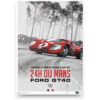 framePhoto012 - Collector's edition posters of most beautiful historic race cars in the world - The Mk. IV ran in only two races, the 1967 12 Hours of Sebring and the 1967 24 Hours of Le Mans and won both events. Only one Mk.IV was completed for Sebring; the pressure from Ford had been amped up considerably after Ford's humiliation at Daytona two months earlier. Mario Andretti and Bruce McLaren won Sebring, Dan Gurney and A. J. Foyt won Le Mans (Gurney and Foyt's car was the Mk.IV that was apparently least likely to win), where the Ford-representing Shelby-American and Holman & Moody teams showed up to Le Mans with 2 Mk.IV's each. The installation of the roll cage was ultimately credited by many with saving the life of Andretti, who crashed violently at the Esses during the 1967 Le Mans 24 Hours, but escaped with minor injuries. Unlike the earlier Mk.I - III cars, which were built in England, the Mk.IVs were built in the United States by Kar Kraft. Le Mans 1967 remains the only all-American victory in Le Mans history—American drivers, team, chassis, engine, and tires. A total of six Mk IVs were constructed. One of the Mk IVs was rebuilt to the Ford G7 in 1968, and used in the Can-Am series for 1969 and 1970, but with no success. This car is sometimes called the Ford Mk.IV. History : See wikipedia article All orders of minimum 100 € are FREE DELIVERED ALL AROUND THE WORLD
