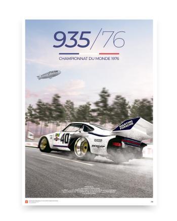 Poster featuring a Porsche 935/76 racing in the 1976 World Championship, with a Goodyear blimp in the sky and a dynamic racetrack scene.