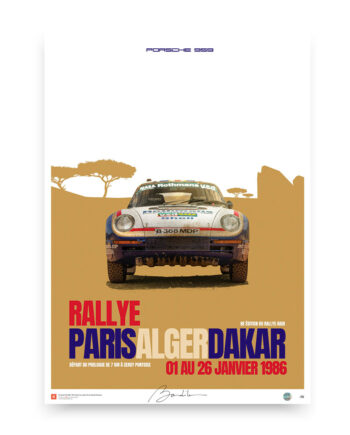 Poster of the Porsche 959 at the 1986 Paris-Dakar Rally, showcasing the front view of the car in Rothmans livery against a desert backdrop, perfect for collectors and motorsport fans.