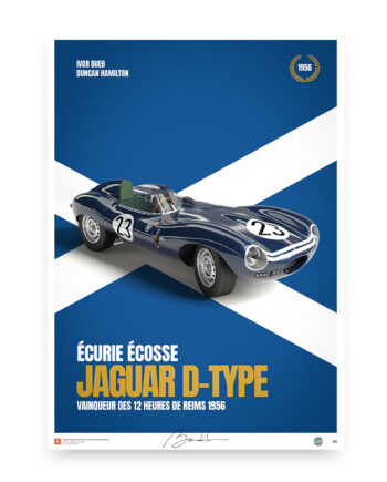 A vintage poster featuring the iconic blue Jaguar D-Type race car, number 23, driven by Ivor Bueb and Duncan Hamilton to victory at the 1956 12 Hours of Reims. The car is depicted against a backdrop of the Scottish flag, representing the Ecurie Écosse racing team.