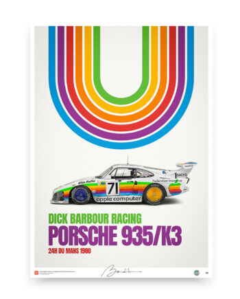 A vibrant, retro-style poster featuring the iconic Dick Barbour Racing Porsche 935/K3 race car, number 71, as it competed in the 1980 World Endurance Championship. The car is depicted with a colorful rainbow arch in the background.