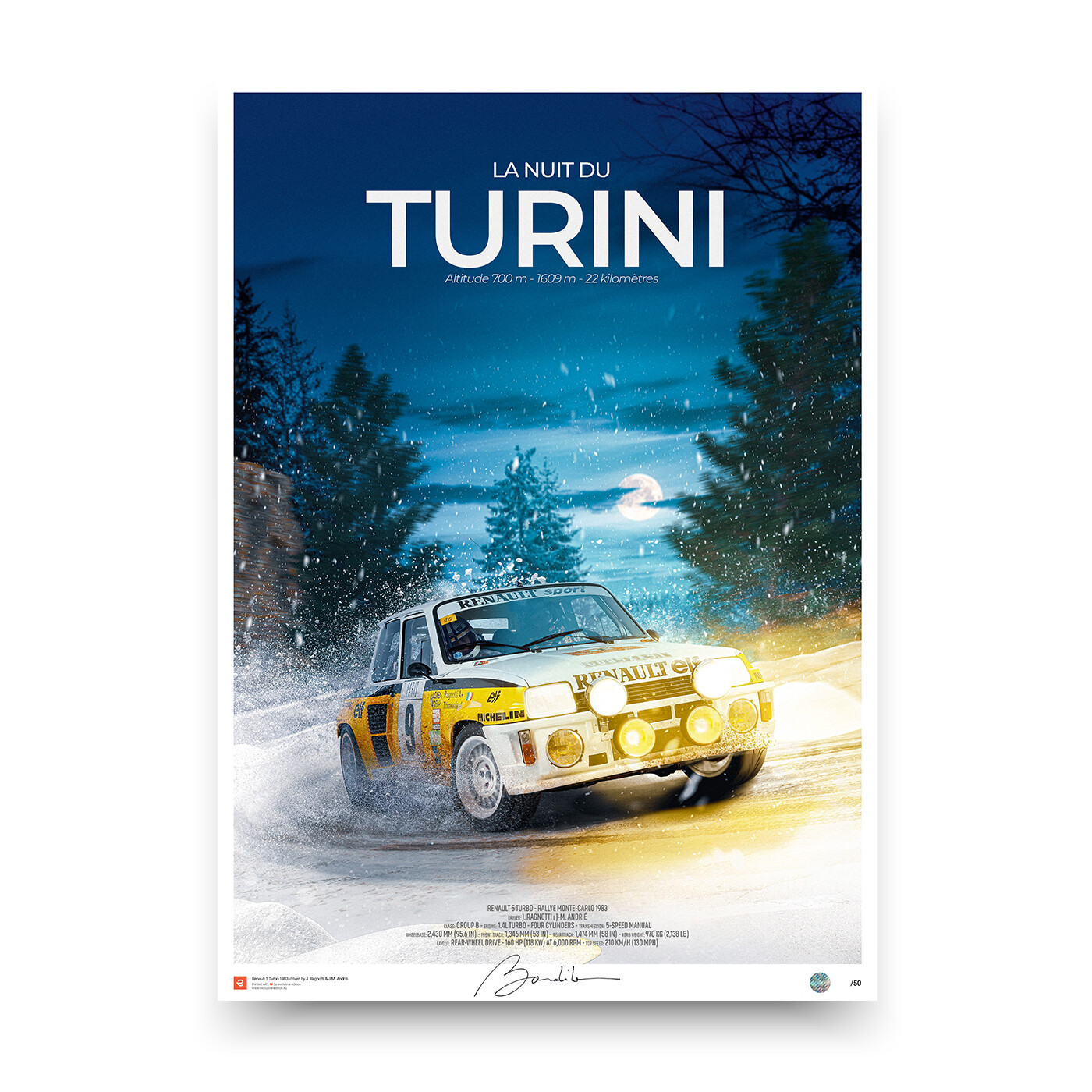 Monte Carlo Rally Poster "La Nuit du Turini" with Renault 5 Turbo Monte Carlo Rally poster featuring a Renault 5 Turbo in a snowy night scene, participating in the iconic "La Nuit du Turini" stage.