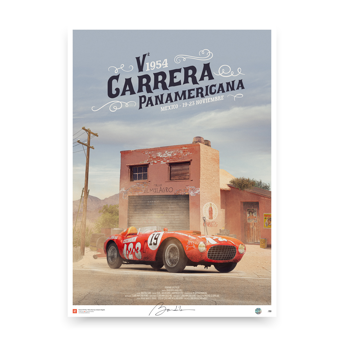 poster Ferrari 375 Plus Carrera Panamericana 1954. car poster limited edition, signed and numbered