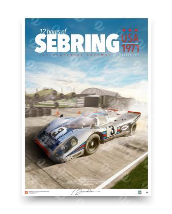 Porsche 917K Martini Racing poster, 1971 12 Hours of Sebring winner illustration, silver vintage race car art print with B-17 hangar background, historic US endurance racing wall art.
