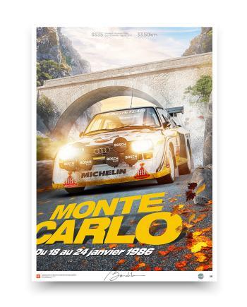 Audi Quattro S1 rally collectible poster in action at the 1986 Monte Carlo Rally, with headlights ablaze, autumn leaves on the road, and a stone bridge in the background.