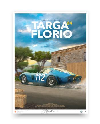 Ferrari 250 GTO Targa Florio 1964 poster, blue and yellow Ulf Norinder Swedish racing livery, vintage Italian road race art print, historic motorsport wall decor.
