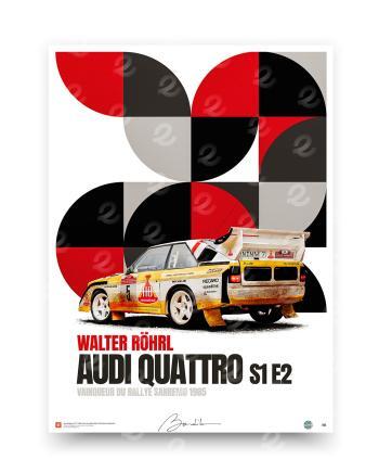 Affiche de l'Audi Quattro S1 E2 de Walter Röhrl, vainqueur du Rallye Sanremo 1985, sur fond graphique géométrique en rouge, noir et gris.