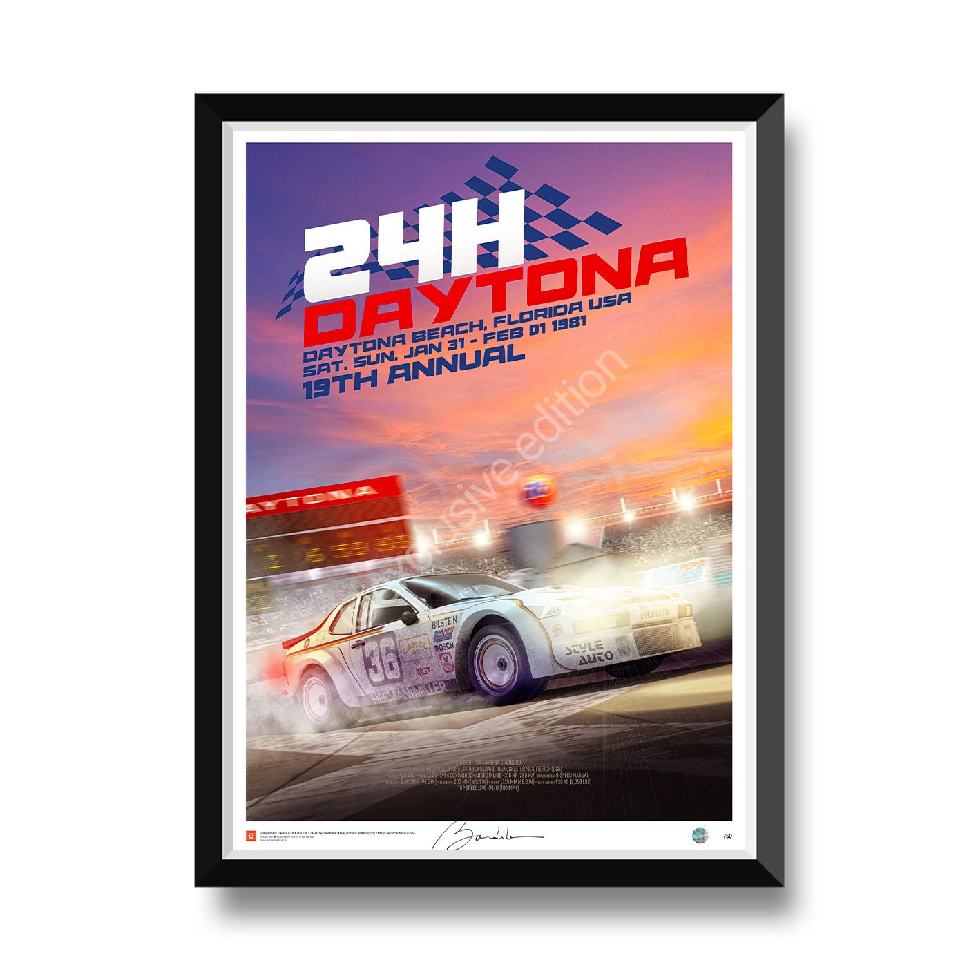Limited edition poster of the Porsche 924 Carrera GTR Turbo #36 – Daytona 24 Hours 1981 – driven by Paul Miller, Pat Bedard and Skeeter McKitterick