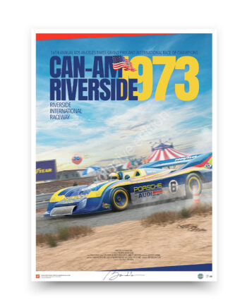 Porsche 917 30 Can-Am Riverside 1973 poster – Mark Donohue Sunoco livery motorsport artwork