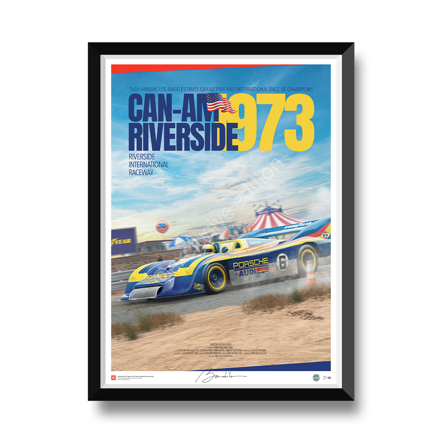 Porsche 917/30 Can-Am Riverside 1973 poster – Mark Donohue Sunoco livery motorsport artwork