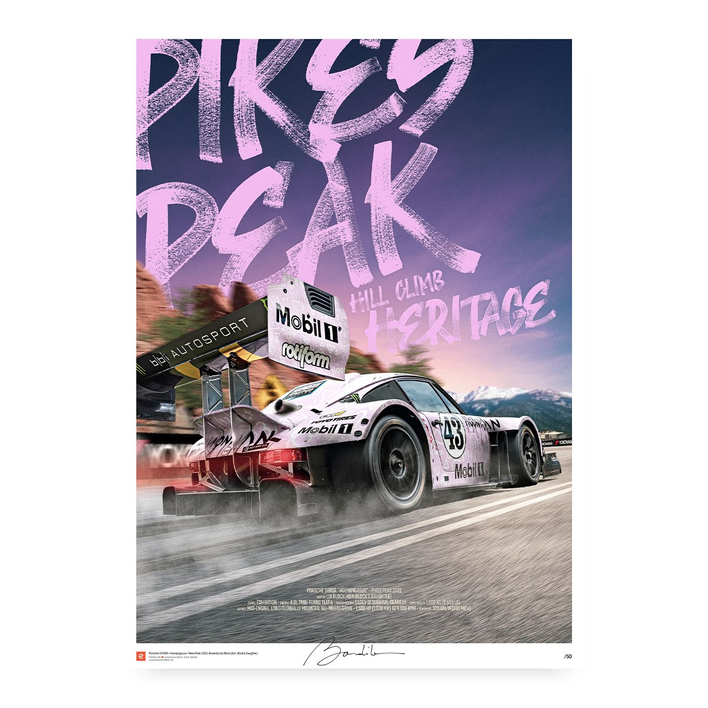 Hoonigan Porsche Pegasus - Pikes Peak 2022 MockupPoster082 AFFICHE - Porsche Ford Ferrari Audi BMW Jaguar Renault Automotive Fine Art Prints Poster - High-quality wall art featuring the iconic Hoonigan Porsche Pegasus from the legendary Pikes Peak International Hill Climb. Printed on premium 190gsm fine art paper, this motorsport poster is perfect for car enthusiasts, racing fans and modern garage or office décor.