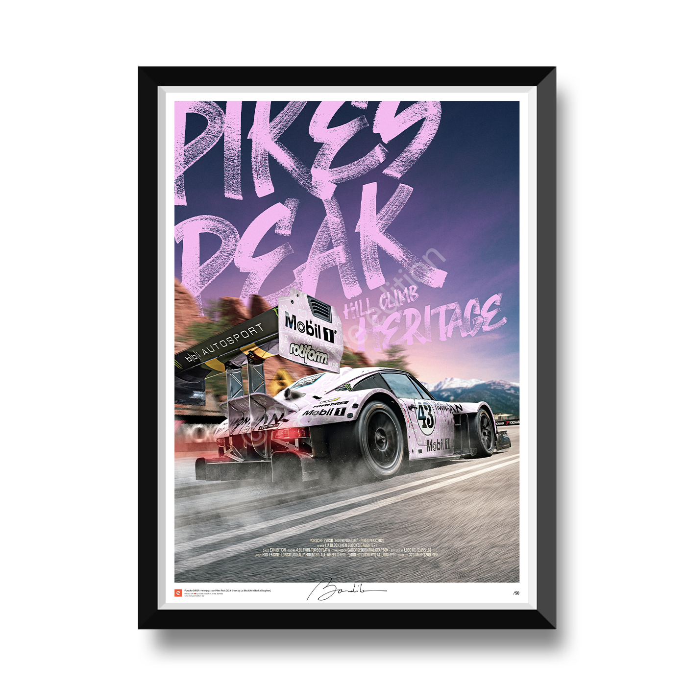 MockupPoster082-CADRE MockupPoster082 CADRE - Porsche Ford Ferrari Audi BMW Jaguar Renault Automotive Fine Art Prints Poster - High-quality wall art featuring the iconic Hoonigan Porsche Pegasus from the legendary Pikes Peak International Hill Climb. Printed on premium 190gsm fine art paper, this motorsport poster is perfect for car enthusiasts, racing fans and modern garage or office décor.
