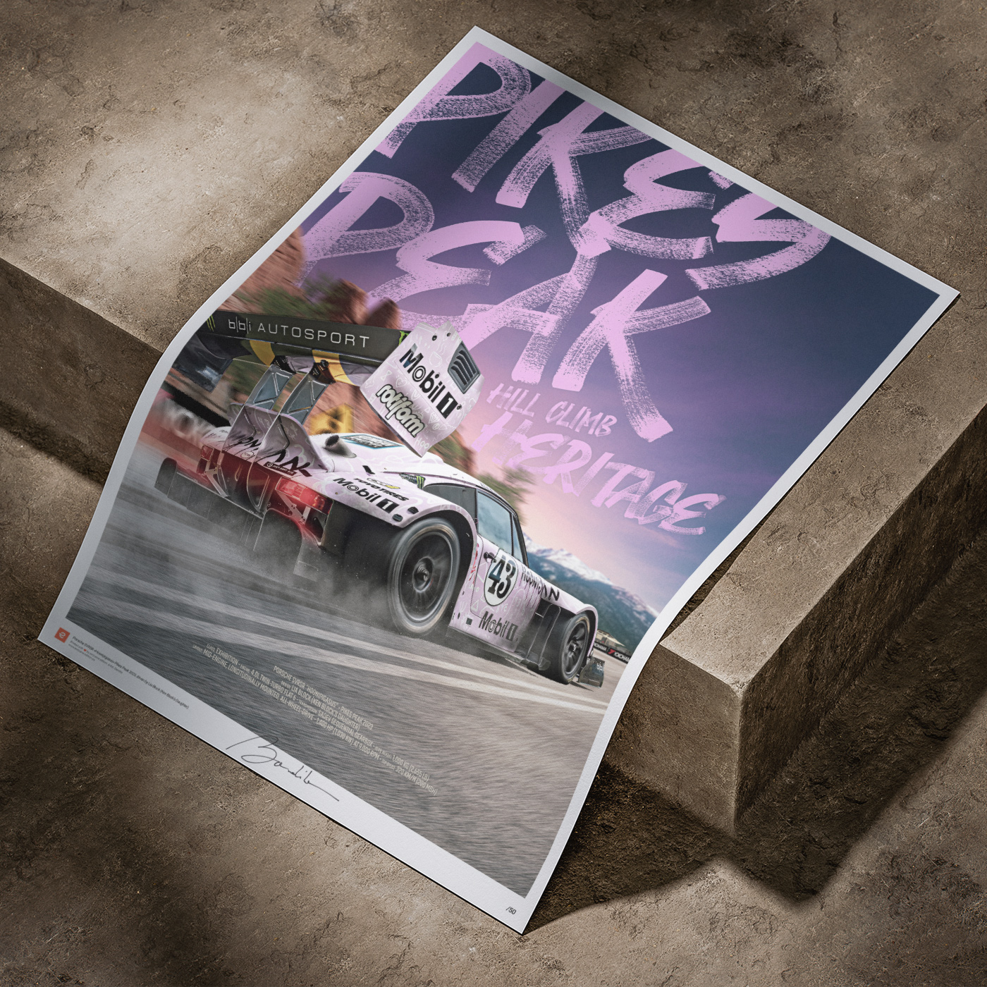 Hoonigan Porsche Pegasus - Pikes Peak 2022 MockupPoster082 MARCHE - Porsche Ford Ferrari Audi BMW Jaguar Renault Automotive Fine Art Prints Poster - High-quality wall art featuring the iconic Hoonigan Porsche Pegasus from the legendary Pikes Peak International Hill Climb. Printed on premium 190gsm fine art paper, this motorsport poster is perfect for car enthusiasts, racing fans and modern garage or office décor.