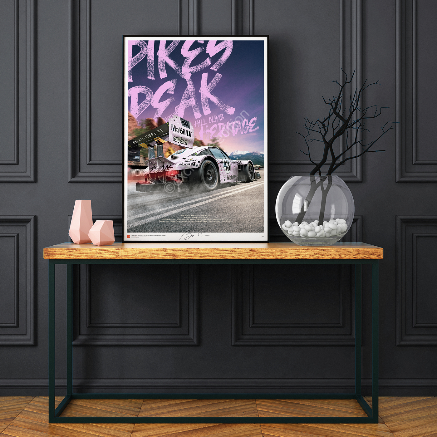 Hoonigan Porsche Pegasus - Pikes Peak 2022 MockupPoster082 NOIR - Porsche Ford Ferrari Audi BMW Jaguar Renault Automotive Fine Art Prints Poster - High-quality wall art featuring the iconic Hoonigan Porsche Pegasus from the legendary Pikes Peak International Hill Climb. Printed on premium 190gsm fine art paper, this motorsport poster is perfect for car enthusiasts, racing fans and modern garage or office décor.