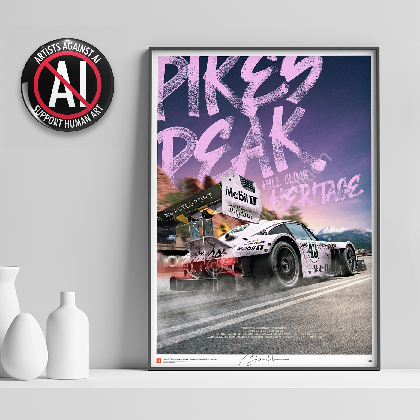 Hoonigan Porsche Pegasus - Pikes Peak 2022 MockupPoster082 POT - Porsche Ford Ferrari Audi BMW Jaguar Renault Automotive Fine Art Prints Poster - High-quality wall art featuring the iconic Hoonigan Porsche Pegasus from the legendary Pikes Peak International Hill Climb. Printed on premium 190gsm fine art paper, this motorsport poster is perfect for car enthusiasts, racing fans and modern garage or office décor.
