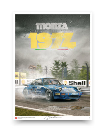 Porsche 911 Carrera RSR 3.0 Kremer Racing poster, 1974 Monza Grand Prix wet race, blue Wally's Jeans livery vintage motorsport illustration, historic Italian circuit wall art. 911 carrera