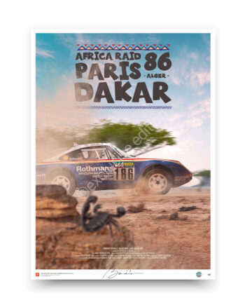 Creative artworks dedicated to automotive legends René Metge 1986 Paris Dakar winning Porsche 959 artwork, three-time Dakar Rally champion fine art print, classic off-road motorsport poster by Bandito.