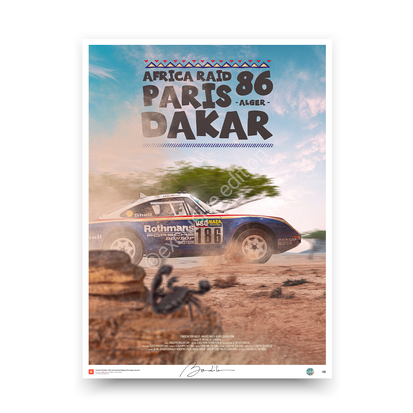 Porsche 959 René Metge 1986 Paris Dakar winning Porsche 959 artwork, three-time Dakar Rally champion fine art print, classic off-road motorsport poster by Bandito.