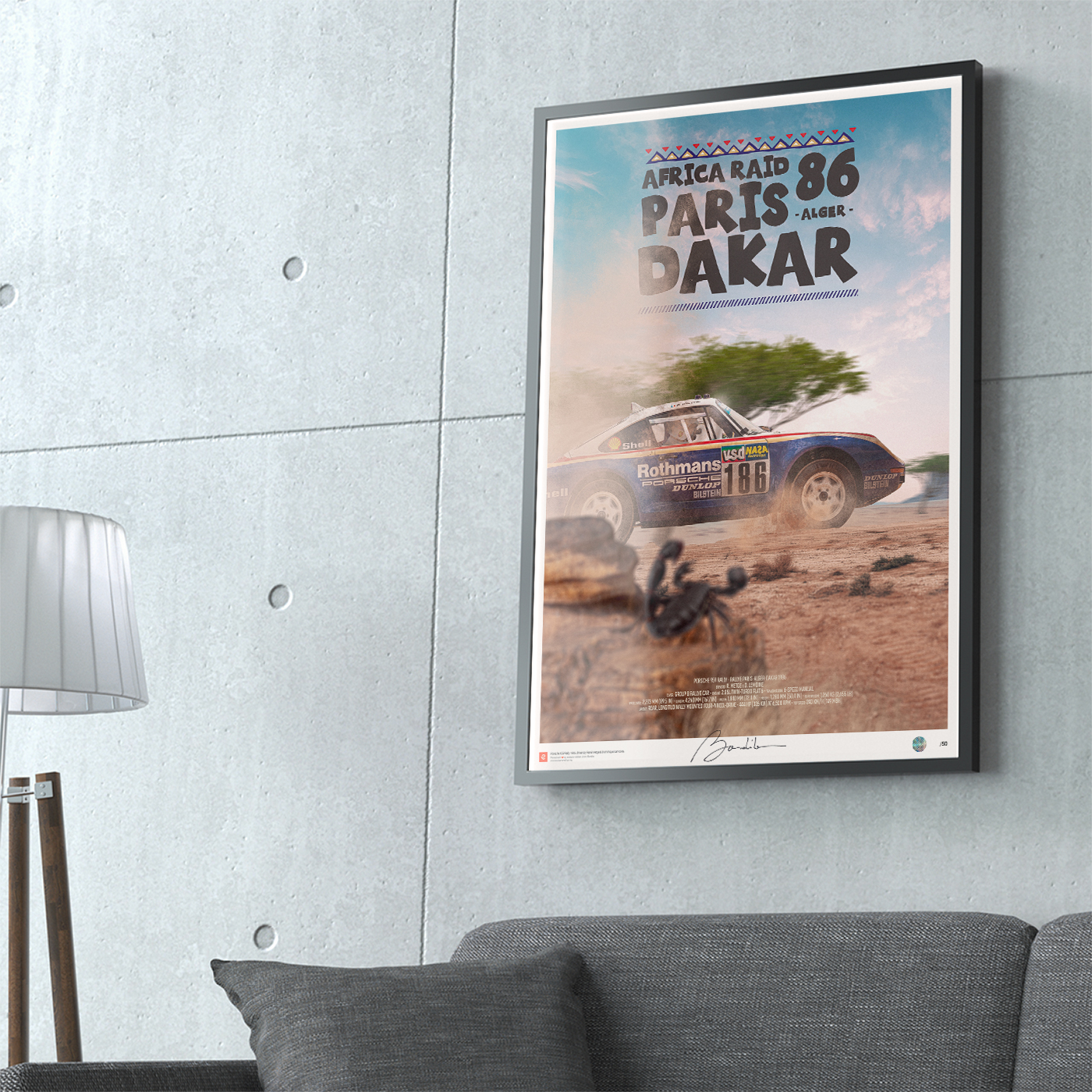 Porsche 959 - Rallye Paris Dakar 1986 René Metge 1986 Paris Dakar winning Porsche 959 artwork, three-time Dakar Rally champion fine art print, classic off-road motorsport poster by Bandito.