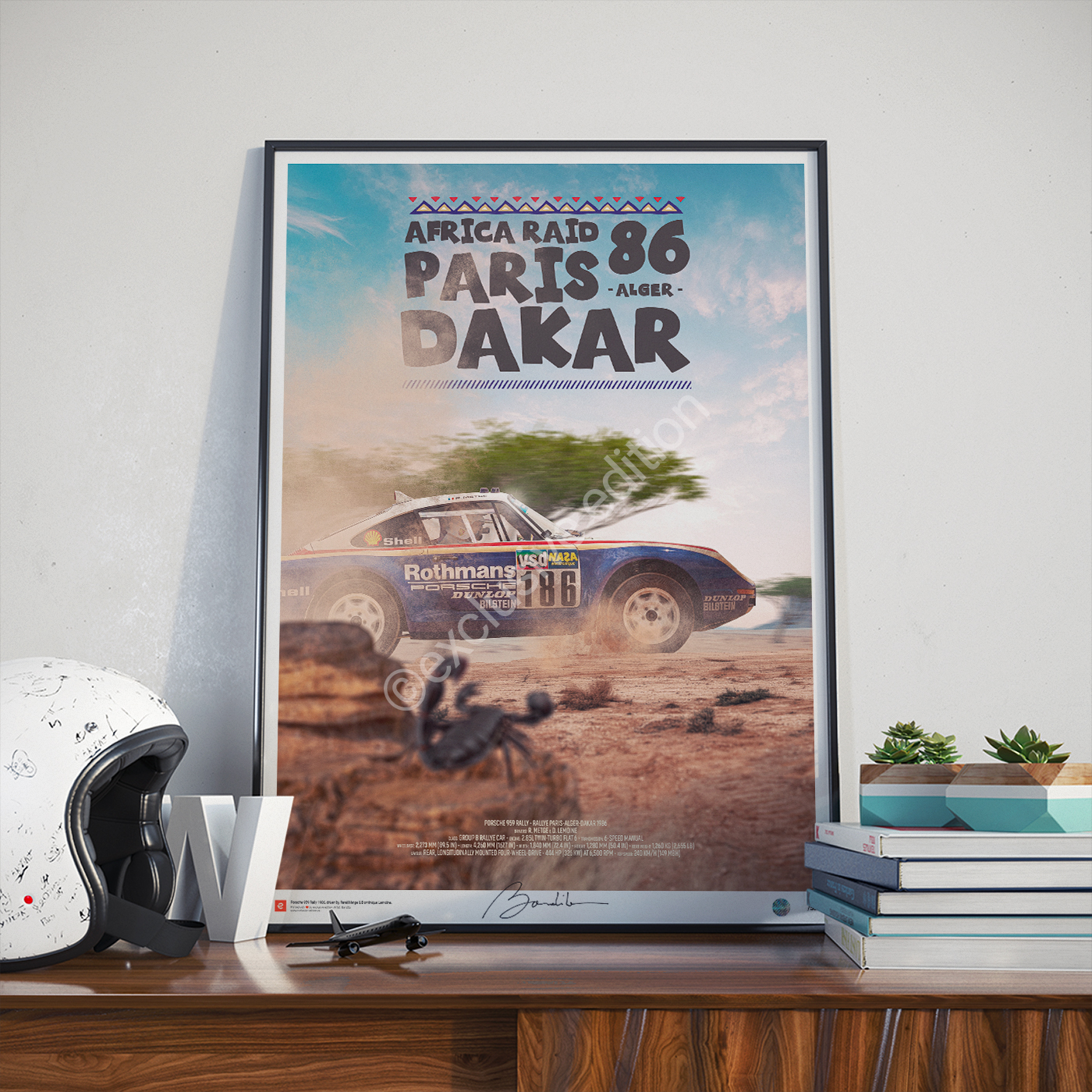 Porsche 959 - Rallye Paris Dakar 1986 René Metge 1986 Paris Dakar winning Porsche 959 artwork, three-time Dakar Rally champion fine art print, classic off-road motorsport poster by Bandito.