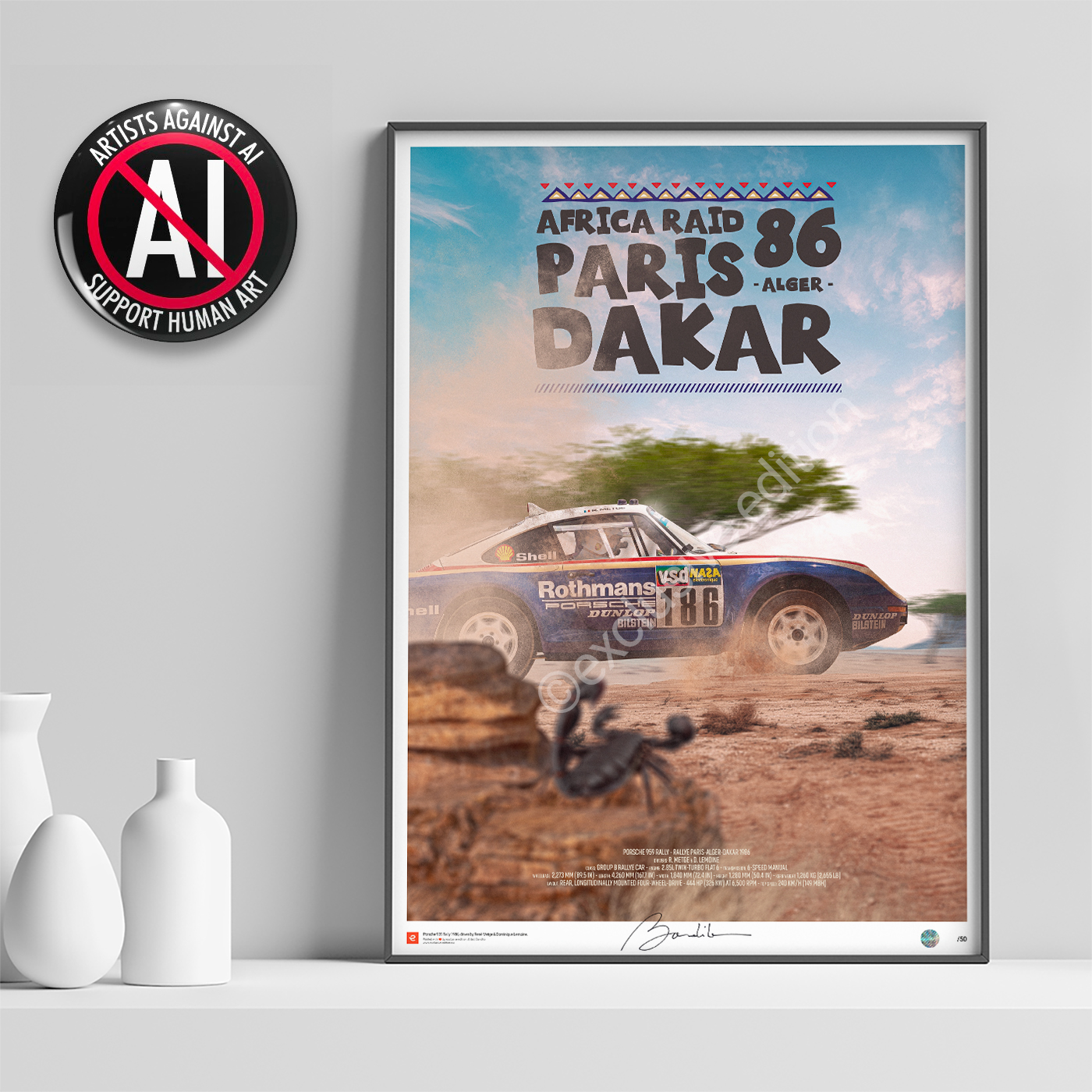 Porsche 959 - Rallye Paris Dakar 1986 René Metge 1986 Paris Dakar winning Porsche 959 artwork, three-time Dakar Rally champion fine art print, classic off-road motorsport poster by Bandito.