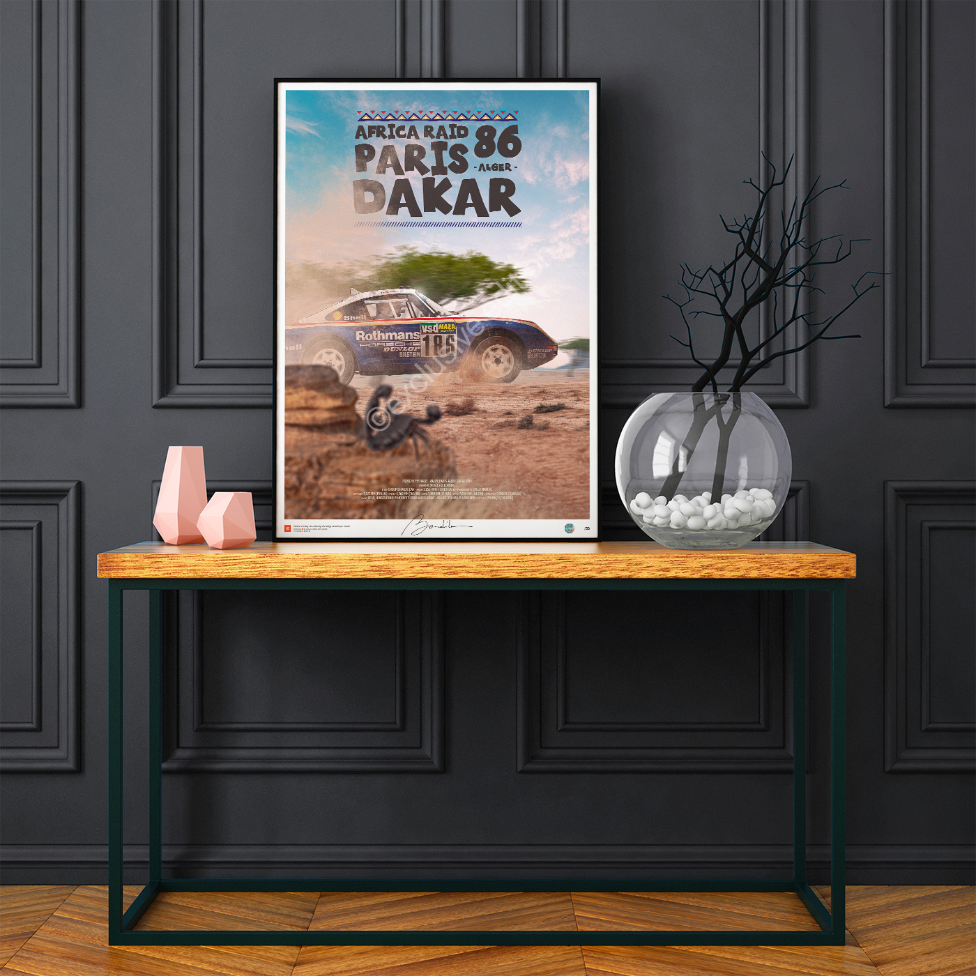 Porsche 959 - Rallye Paris Dakar 1986 René Metge 1986 Paris Dakar winning Porsche 959 artwork, three-time Dakar Rally champion fine art print, classic off-road motorsport poster by Bandito.